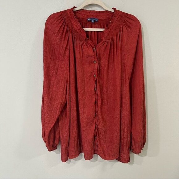 Democracy Burnt Red Button Down Ruched Flowy Blouse Women’s Size 3X - Picture 1 of 6